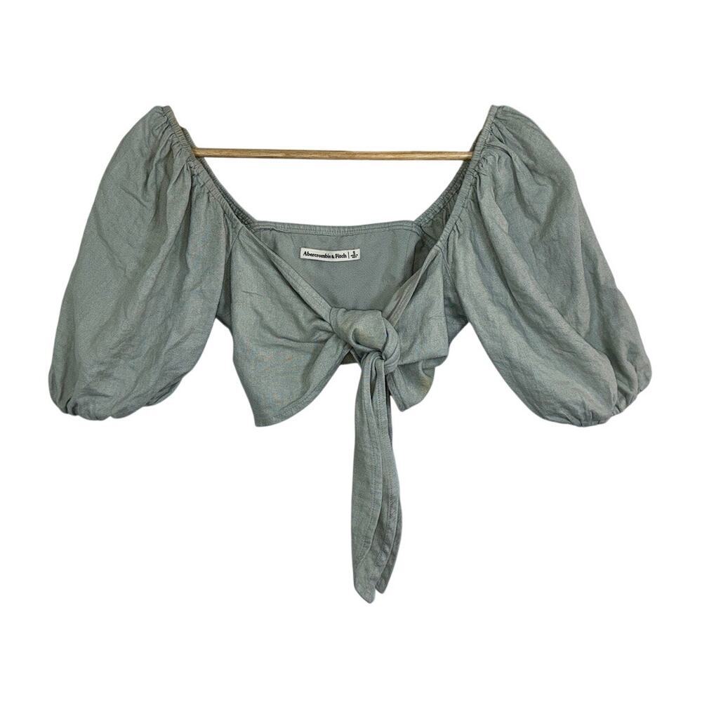 Abercrombie & Fitch Green Linen Tie Front Puff Sleeve Crop Top Womens Size Small
